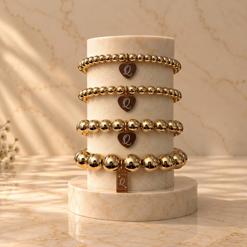 Four 18K gold-filled bracelets with Queenie Q heart and square tags stacked on a marble pedestal
